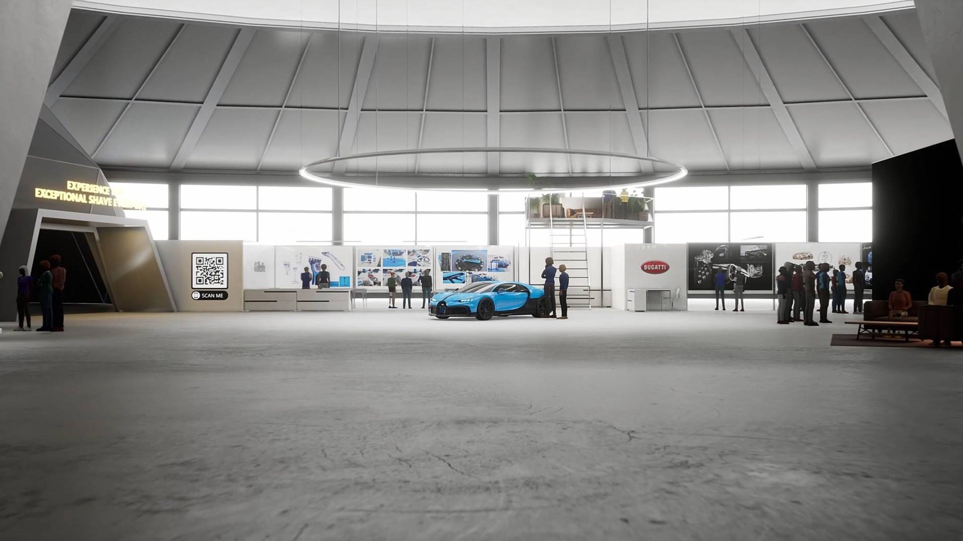 An avatar stands in a virtual racing garage within the Meadow platform by Bizzlogic, overlooking high-performance cars and detailed equipment. The scene showcases the platform’s capability to create realistic and immersive metaverse environments for various industries, including automotive and motorsports.