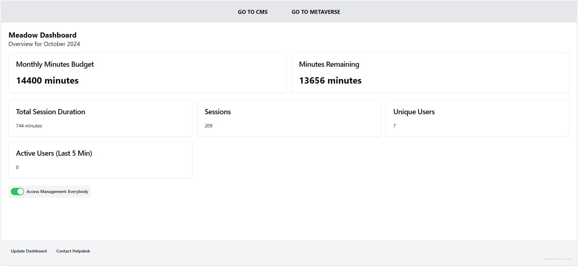 A screenshot of Meadow by Bizzlogic's admin control panel interface, showcasing features for managing seats and usage time. The platform provides easy seat assignment and reassignment, allowing companies to optimize resources and purchase extra usage time directly. The background displays a serene virtual environment, exemplifying the versatile administrative capabilities of this metaverse platform.