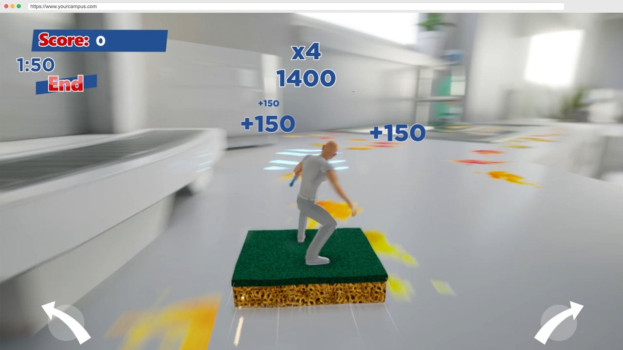 A virtual game environment within Meadow by Bizzlogic, featuring an avatar navigating a room while scoring points for cleaning actions. The interface shows scores, multipliers, and timers, demonstrating Meadow's interactive and gamified capabilities for creating engaging digital experiences in the metaverse.