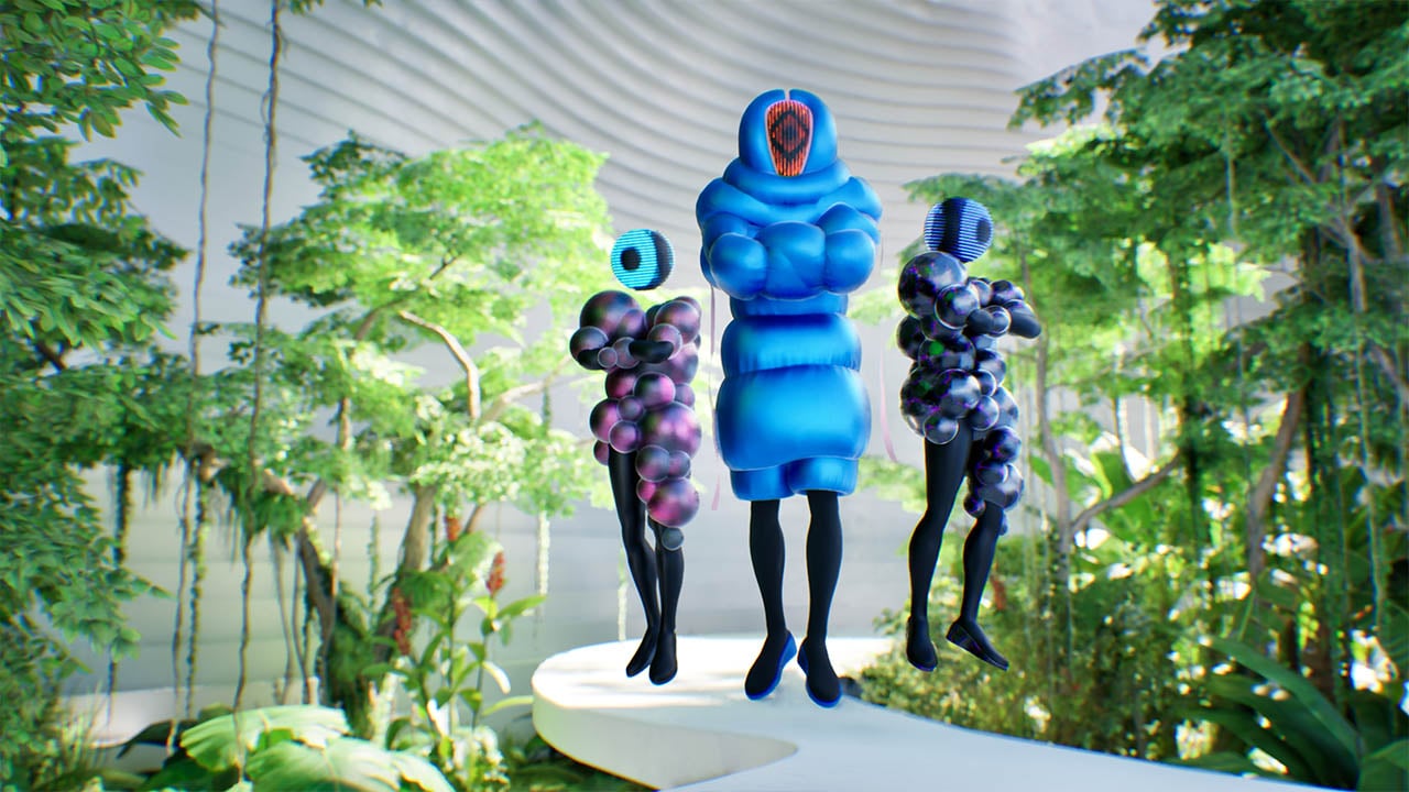 A futuristic and artistic virtual environment within Meadow by Bizzlogic, featuring three abstract humanoid figures in vibrant blue and purple designs, standing on a platform surrounded by lush greenery. This scene exemplifies Meadow's capability to host creative and visually striking digital art installations and immersive experiences in the metaverse.