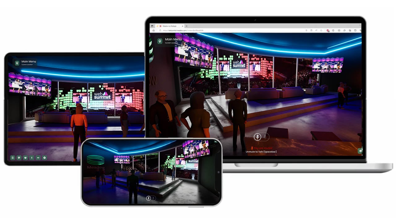 A vibrant virtual nightclub environment within Meadow by Bizzlogic, displayed across multiple devices, including a smartphone, tablet, and laptop. The scene showcases avatars interacting under colorful digital displays, illustrating Meadow's cross-platform accessibility for hosting immersive virtual events and social experiences in the metaverse.