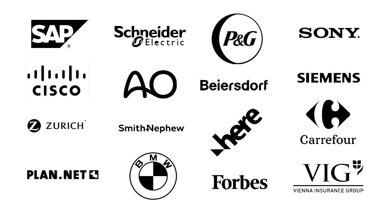 A showcase of logos from leading companies such as SAP, Schneider Electric, P&G, Sony, Cisco, Zurich, AO, Beiersdorf, Siemens, Carrefour, BMW, and more, highlighting Meadow by Bizzlogic's trusted metaverse solutions. The platform is endorsed by these organizations for its reliable and established metaverse environments tailored to business needs