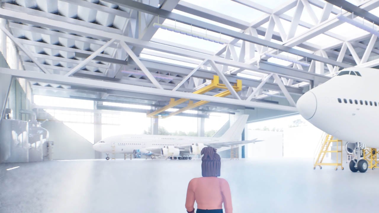 A realistic virtual hangar environment in Meadow by Bizzlogic, featuring an avatar exploring an expansive aircraft maintenance area with multiple planes and detailed structural elements. This metaverse space demonstrates Meadow's ability to create lifelike digital twins for training, simulations, and industry-specific applications.